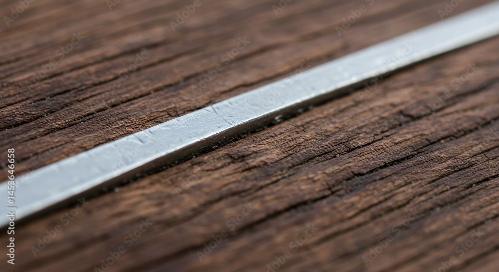 Close-up of Silver Rod on Rustic Wooden Surface Close-up of Silver Rod on Rustic Wooden Surface