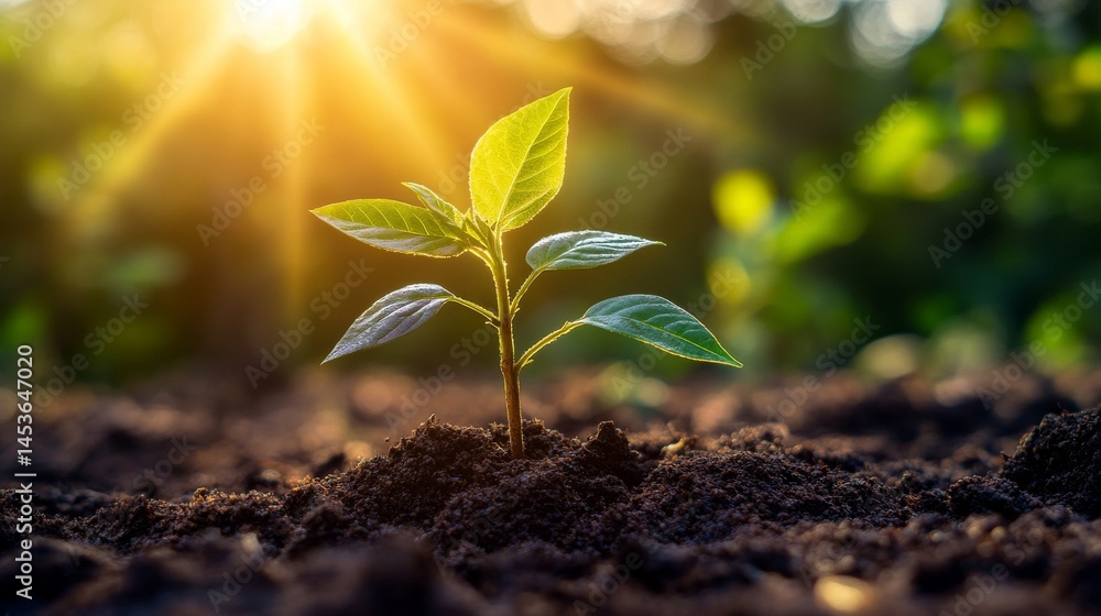 A young plant emerges from rich soil under the warm sun. This symbolizes growth and renewal in nature. Green leaves stretch upward in search of light. Generative AI A young plant emerges from rich soil under the warm sun. This symbolizes growth and renewal in nature. Green leaves stretch upward in search of light. Generative AI