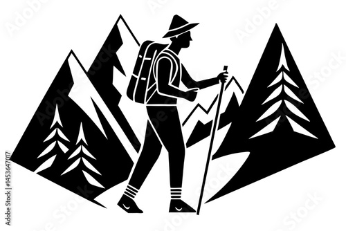 Silhouette of a single hiker with backpack and trekking poles design, silhouette, hiker, hiking, trekking, trekking poles, backpack, walking, adventure, outdoors, mountain, nature, single, sport