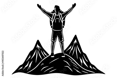 Silhouette of a victorious hiker standing atop a mountain peak with transparency, hiker, mountain, silhouette, climbing, peak, triumphant, success, adventure, outdoor, journey, summit, achievement
