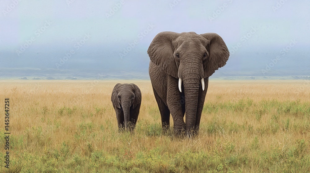 Obraz premium The mother elephant and her calf move gracefully across the grassy savannah, their silhouettes softly illuminated by gentle light in a peaceful, natural setting. 
