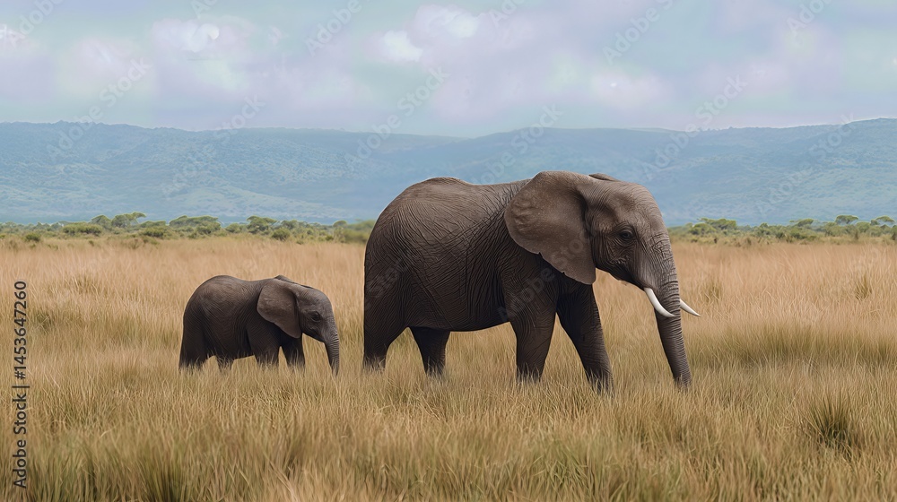 Obraz premium The mother elephant and her calf move gracefully across the grassy savannah, their silhouettes softly illuminated by gentle light in a peaceful, natural setting. 