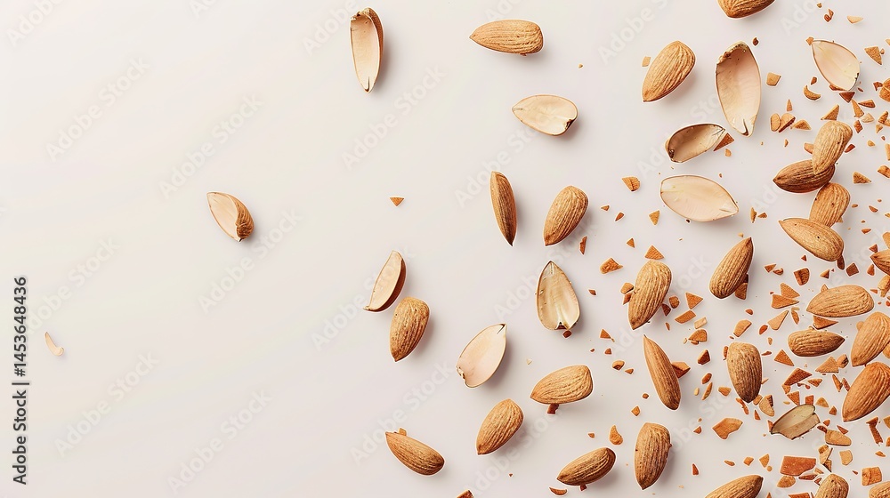 Whole and halved almonds are clearly displayed on a white background, showcasing their texture and shape. This image, created with generative AI, highlights the almonds in an isolated setting, allowin Whole and halved almonds are clearly displayed on a white background, showcasing their texture and shape. This image, created with generative AI, highlights the almonds in an isolated setting, allowin