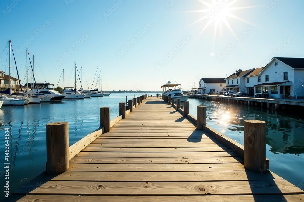 Fototapeta premium Sun-drenched Rhodes harbor; wooden boardwalk gleams , peaceful, serenity, wood