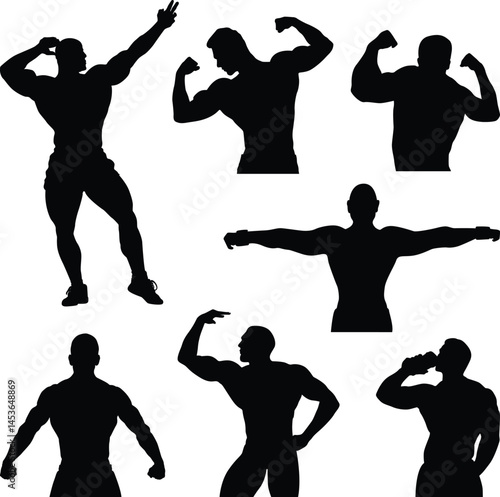 Set of Male Silhouettes exercising in Gym vector illustration