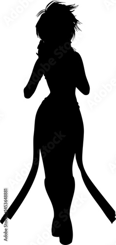 Silhouette of an armed female warrior running with a weapon. Dynamic silhouette of a strong female warrior running with a pistol in hand. Girl with gun in action, combat pose, sci-fi hero silhouette