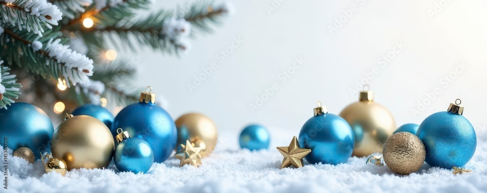 Fototapeta premium Blue and gold Christmas spheres arranged on pure white Perfect for holiday greeting card , texture, blue, design