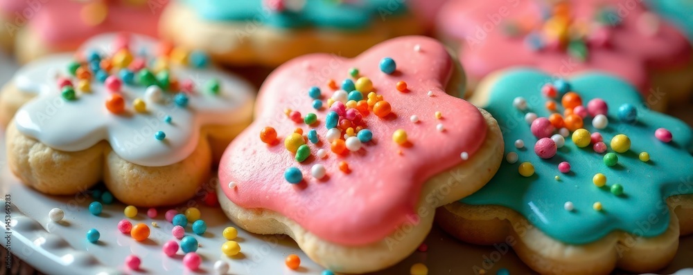 Close-up, ornate sugar cookies, rainbow sprinkles, glossy frosting, pastry, treat Close-up, ornate sugar cookies, rainbow sprinkles, glossy frosting, pastry, treat