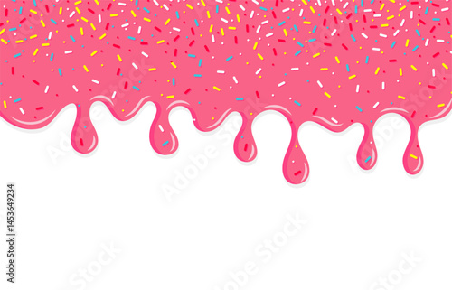 Dripping pink sweet donut glaze vector background, Colorful sprinkles banner background