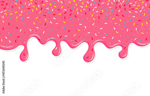 Dripping pink sweet donut glaze vector background, Colorful sprinkles banner background