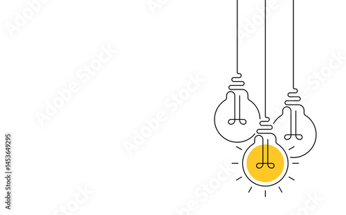 Hanging light bulbs with one glowing on white background. Continuous line drawing light bulb. Concept of idea