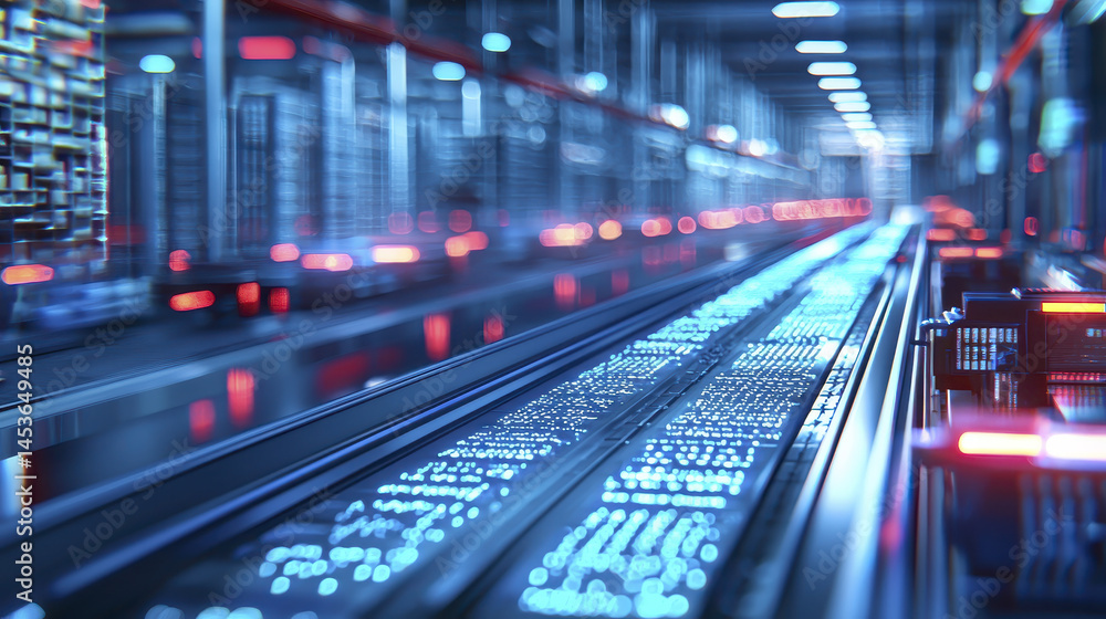 Automated warehouse with advanced technology, showcasing illuminated conveyor belts and organized storage systems Automated warehouse with advanced technology, showcasing illuminated conveyor belts and organized storage systems