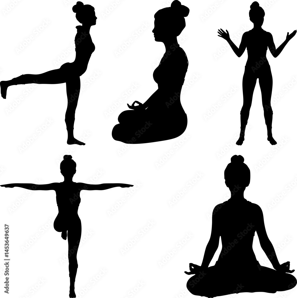 Silhouettes of a girl practicing yoga, embodying grace and mindfulness. Ideal for wellness designs, the image symbolizes inner peace and harmony, promoting relaxation and well-being.