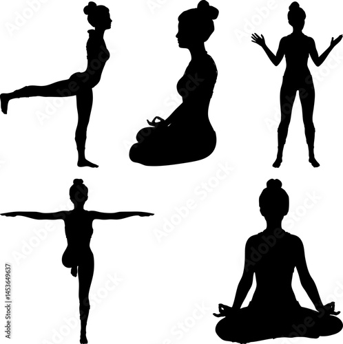Obraz na płótnie Silhouettes of a girl practicing yoga, embodying grace and mindfulness. Ideal for wellness designs, the image symbolizes inner peace and harmony, promoting relaxation and well-being. w salonie