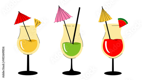 Set of summer tropical cocktail with umbrella. Alcoholic or nonalcoholic drink in glass. Vector illustration on white background for interior, poster, banner