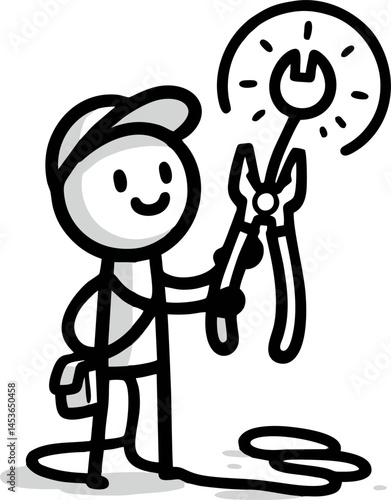 Happy Handyman with Tools, Simple Line Art Illustration