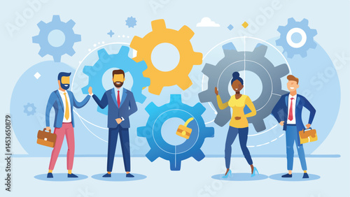 Roles and responsibilities, teamwork or resource management, work delegation, role definition or supervision, job position or organization concept, business man on gear cogwheels work with employees