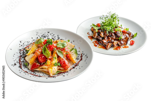 Two Elegant White Plates of Gourmet Food with Fresh Vegetables and Sauces Featu a Colorful Salad with Cherry Tomatoes and a Delicious Meat Dish Garnished with Herbs
