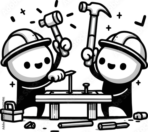 Happy Construction Workers: Teamwork and DIY Cartoon Illustration