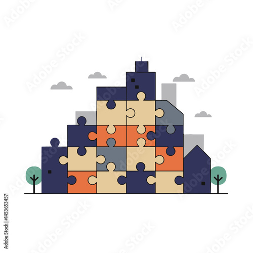 Stack of houses made of puzzle pieces in red, blue, and cream for community concept
