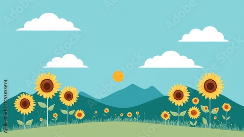 Sunflowers bloom near hills with sky, clouds, sun above a grassy plain