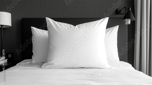 A simple black and white bed with three plump pillows ready to ensure a restful night