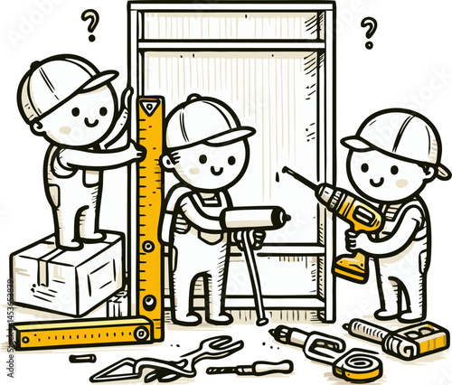Happy Handymen Assembling Furniture: Cartoon Illustration