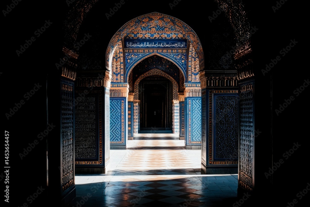 Ornate arched hallway with blue and gold tiles, leading to light at the end of the tunnel Ornate arched hallway with blue and gold tiles, leading to light at the end of the tunnel