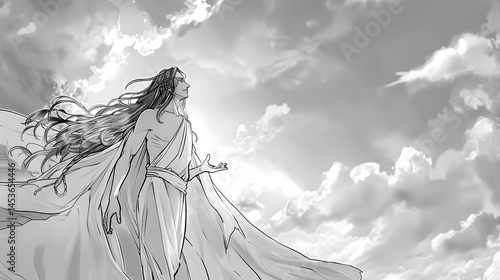 a beautiful man with long hair pencil art 