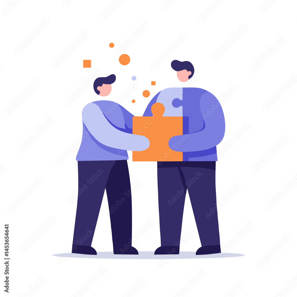 Obraz premium Two men collaborating by handing a puzzle piece in orange color for teamwork concept 