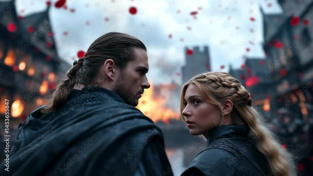 Emotional farewell amidst a chaotic city backdrop filled with fire and rose petals Emotional farewell amidst a chaotic city backdrop filled with fire and rose petals