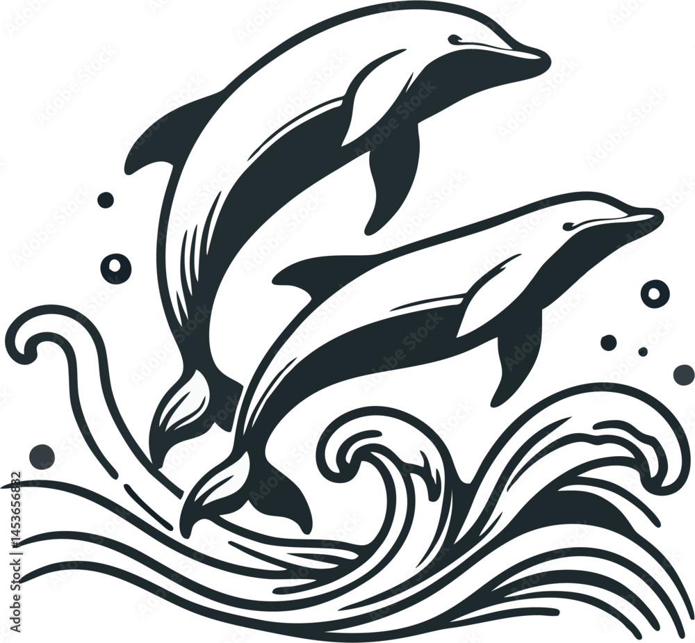 Naklejka premium Whale dolphins in a simple line art style, clean and smooth curves