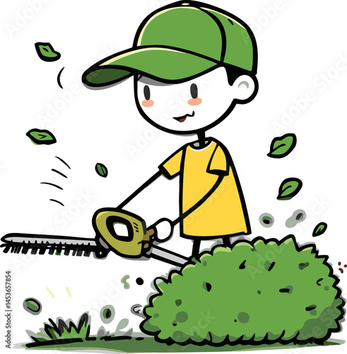Happy Child Gardener Trimming Bush with Electric Hedge Trimmer