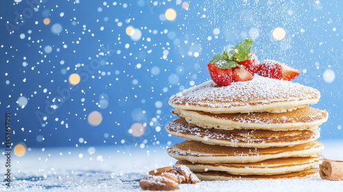 Fluffy pancakes stacked high, topped with strawberries and mint, dusted with powdered sugar, creating delightful winter scene