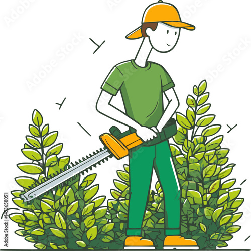 Landscaping Worker Using a Hedge Trimmer, Line Art Illustration