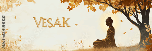 Flat vector poster showing a calm Buddha figure meditating beneath the Bodhi tree with radiant golden light and bold "VESAK" title. Earth-toned background. Ideal for print and online use