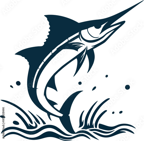 Simple minimalist drawing of a blue marlin leaping out of the water, clean sharp outlines