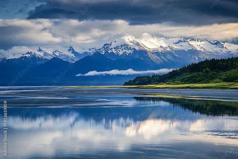 Majestic View of the Alaskan Mountain Range with Snow-capped Peaks Majestic View of the Alaskan Mountain Range with Snow-capped Peaks