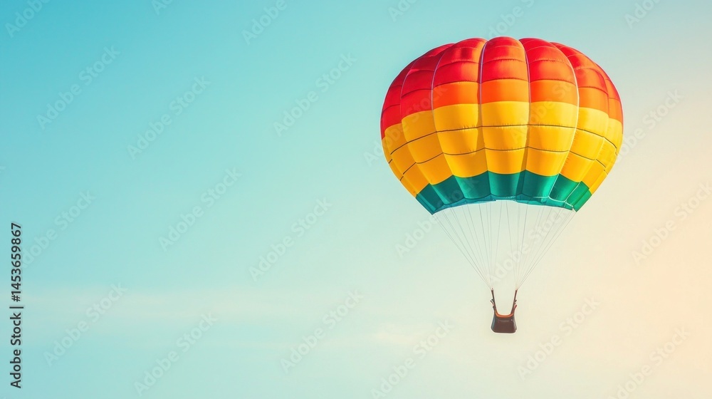 Fototapeta premium Vibrant Hot Air Balloon Floating Against a Clear Blue Sky at Sunrise