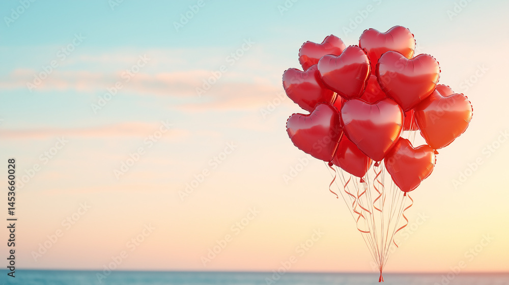 Fototapeta premium Heart-Shaped Balloons at Sunset: A vibrant cluster of heart-shaped balloons floats gently against a breathtaking sunset backdrop, painted in warm hues. The scene embodies themes of love, romance.