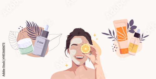Vector illustration of a woman relaxing with a face sheet mask and skincare sachets on the side. Ideal for beauty, facial treatment, wellness spa, self-care, and natural skincare product promotions