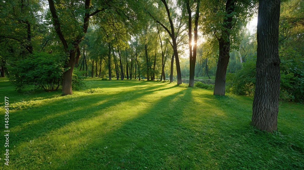 Obraz premium Gentle morning light streams through tall trees, casting a warm glow over lush green grass in a quiet park. 