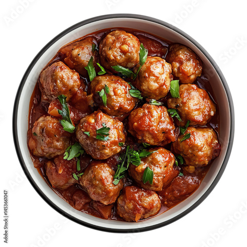 Top view of a bowl with meatballs in tomato sauce, isolated on a transparent background