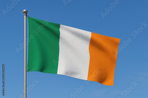 Ireland national flag waving in blue sky