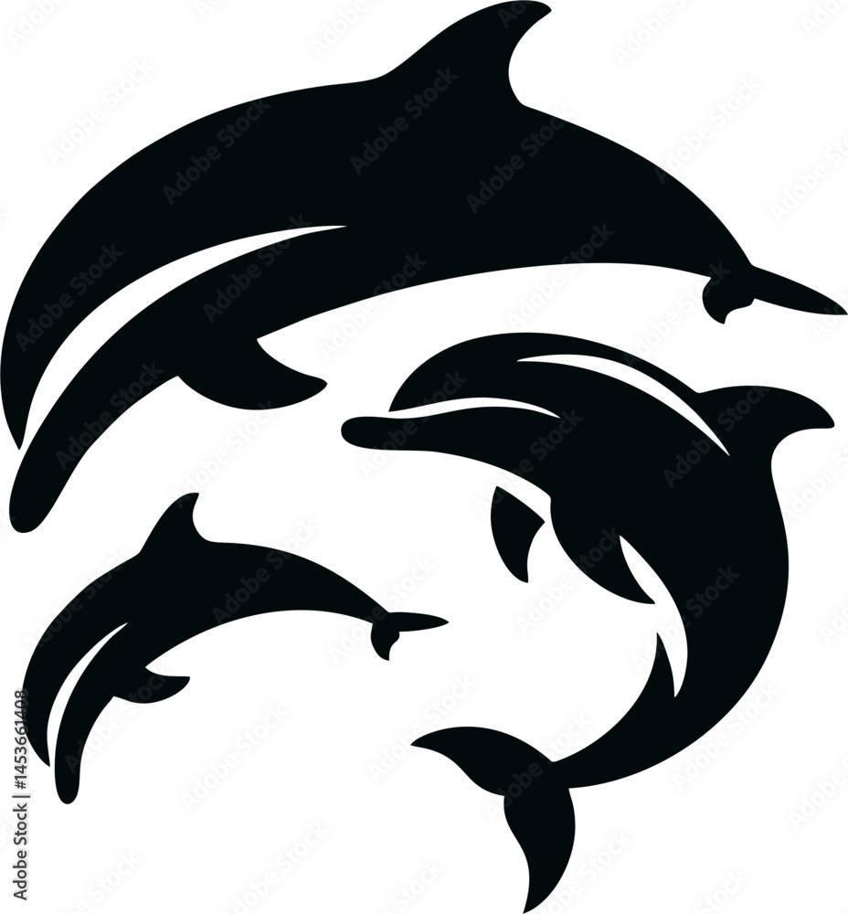 Naklejka premium Silhouette of dolphins jumping, simple black shapes on a white background