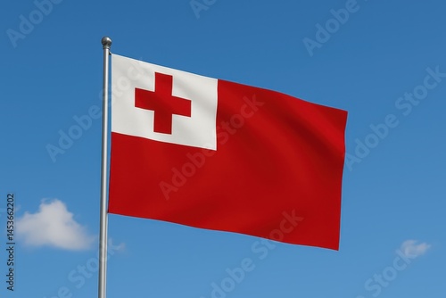 Tonga national flag waving in blue sky