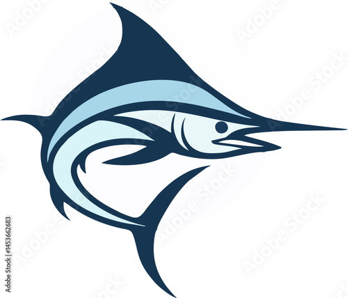 Minimalist vector illustration of a blue marlin swimming forward, simple curved lines