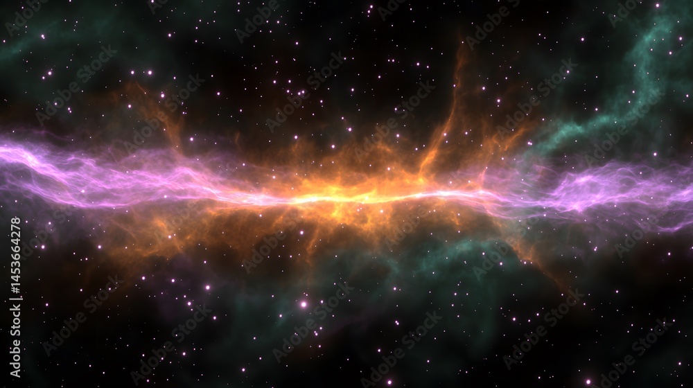 Obraz premium Cosmic Nebula Vibrant Purple and Orange Gaseous Clouds in Deep Space Starry Night Sky Background