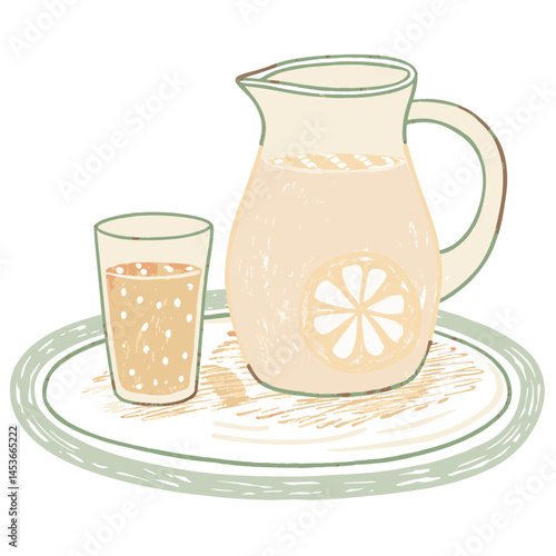 Refreshing pitcher of lemonade and glass on a tray with a slice of lemon, representing summer joy and relaxation.