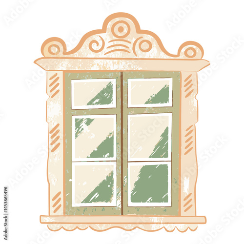 Decorative window illustration with a vintage style in soft colors representing home, comfort, and creativity.
